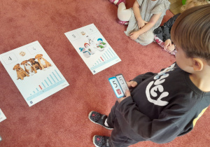 chłopiec ogląda plansze z pięcioma bałwankami