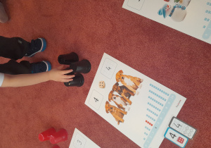 chłopiec układa cztery kubki obok planszy